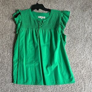 LOFT Green Flutter Sleeve Smocked Yoke Top